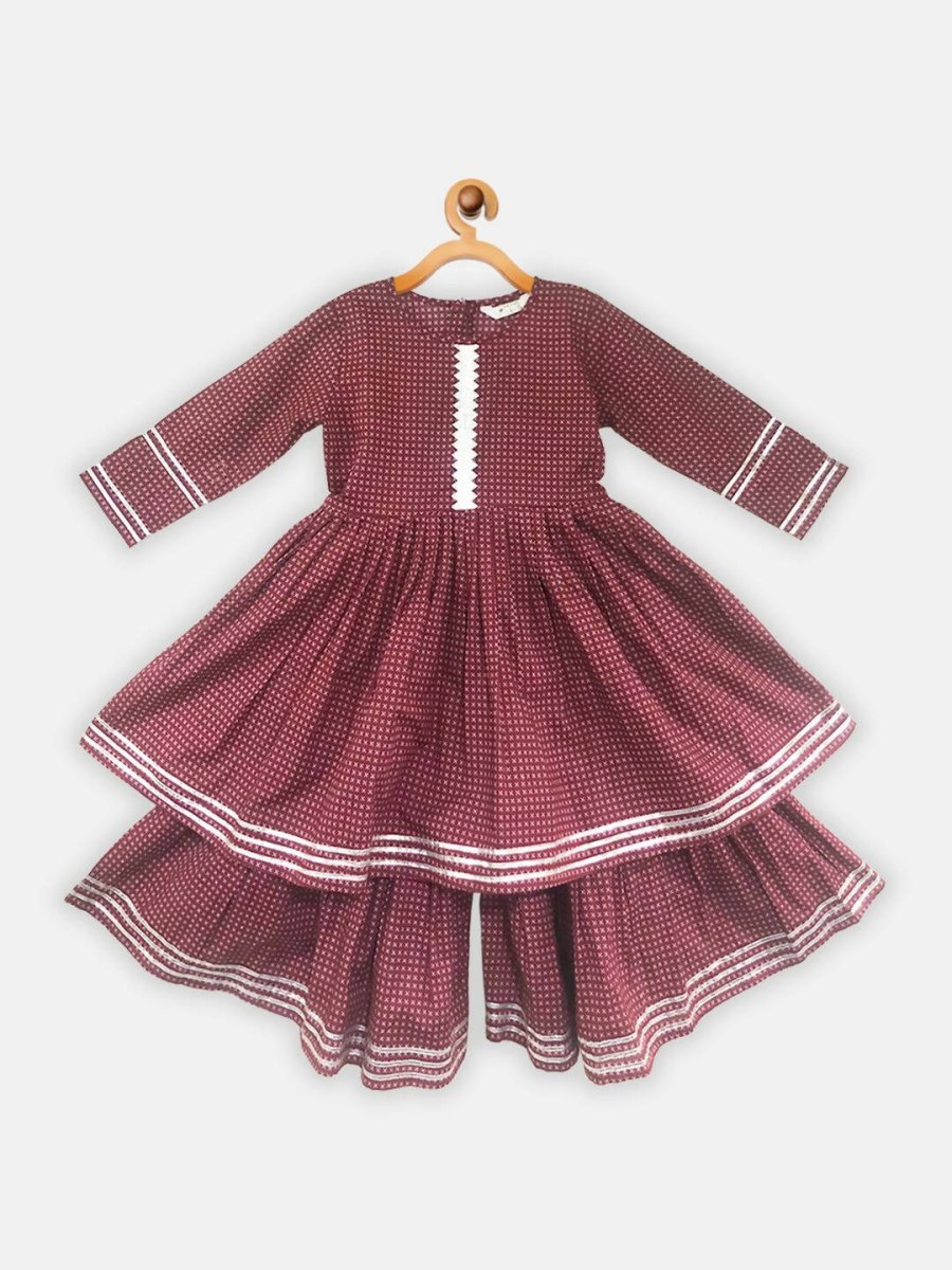 Ahalyaa Maroon Pure Cotton Digital Printed Kids Kurta Sharara Set For Girls
