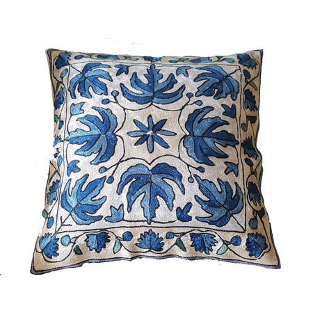 The Decor Nook Hand embroidered Crewel Cushion Covers in Blue Chinar Leaf Motif with Off White Base