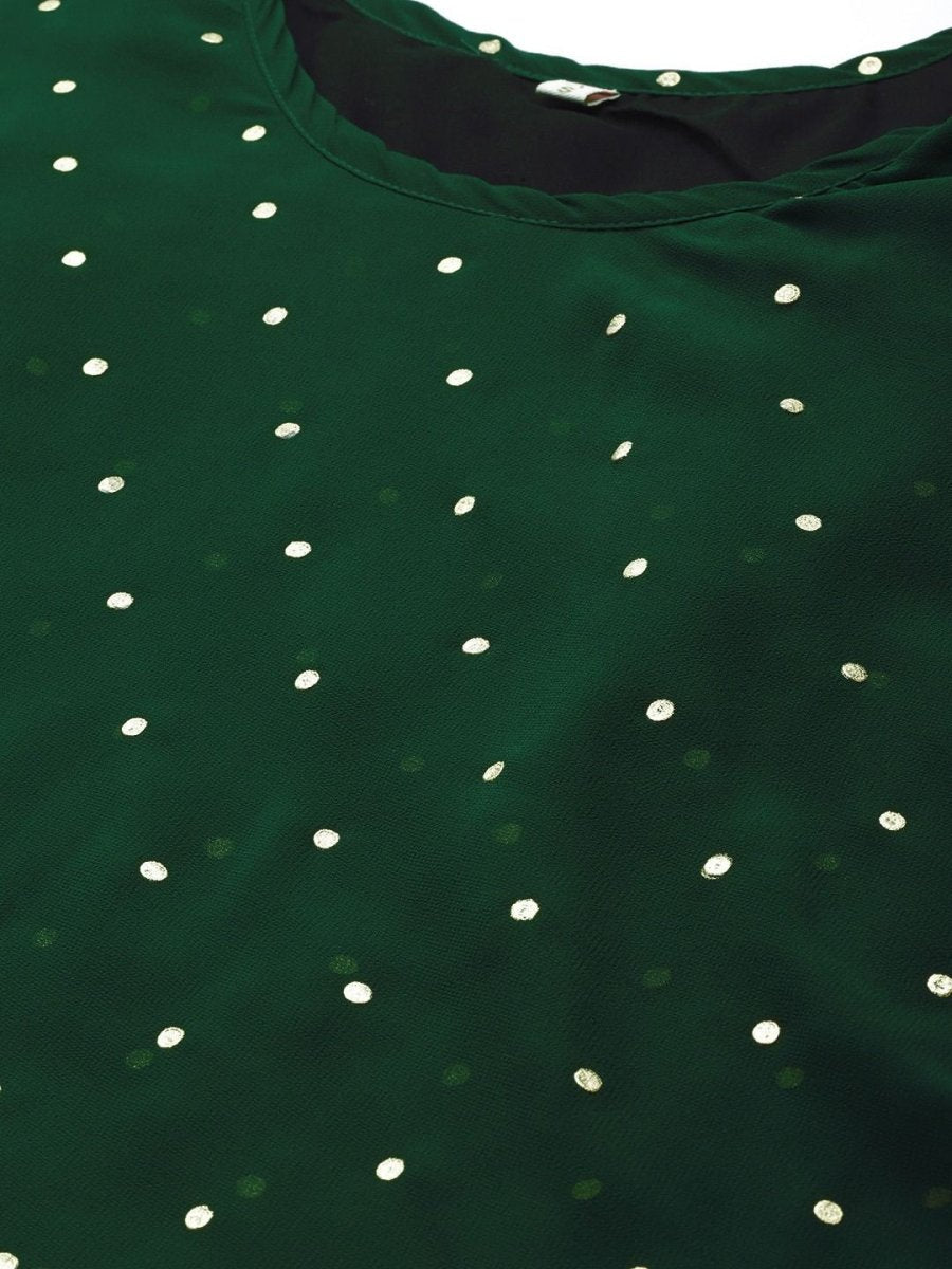 Ahalyaa Women Green Georgette Golden Polka Dots Print Layered Tunic