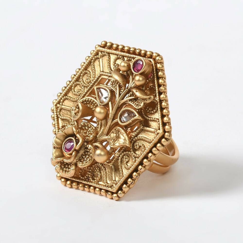 Mominos Fashion Joharkamal Gold-Polished Stone Studded Adjustable Finger Ring - Design 11