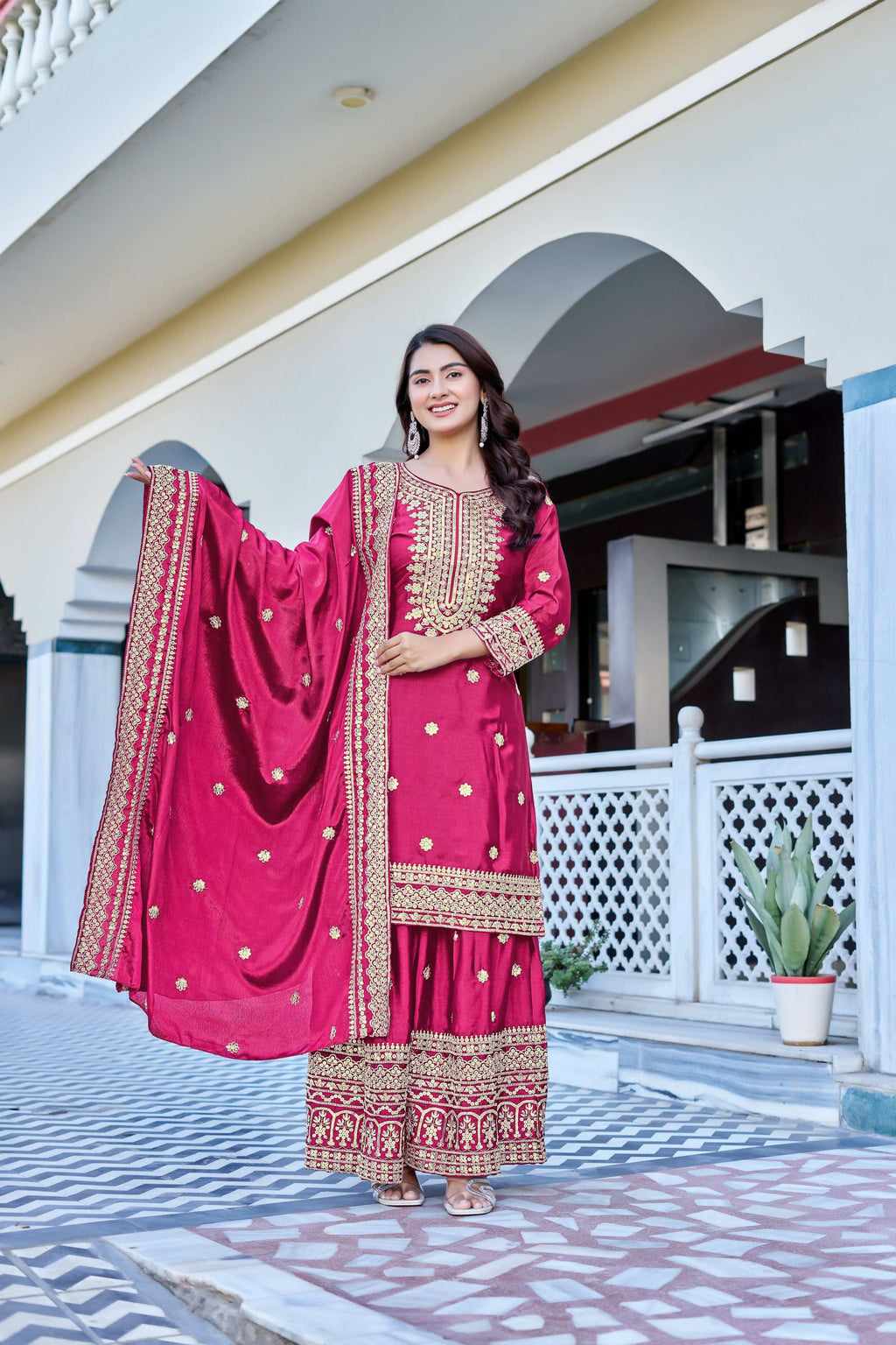 Teeya Creation Pink Color Chinon Silk Heavy Embroidery Work Wedding Wear Sharara - Distacart