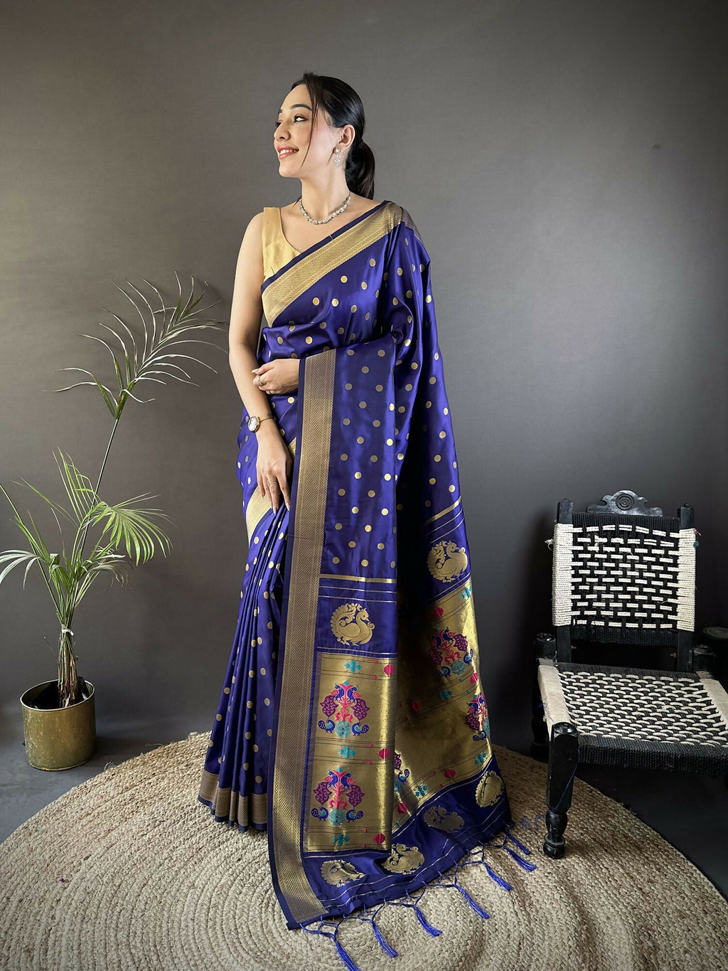 Joban Fashion Royal Blue Polka Dot Lichi Silk Paithani Silk Saree - Distacart