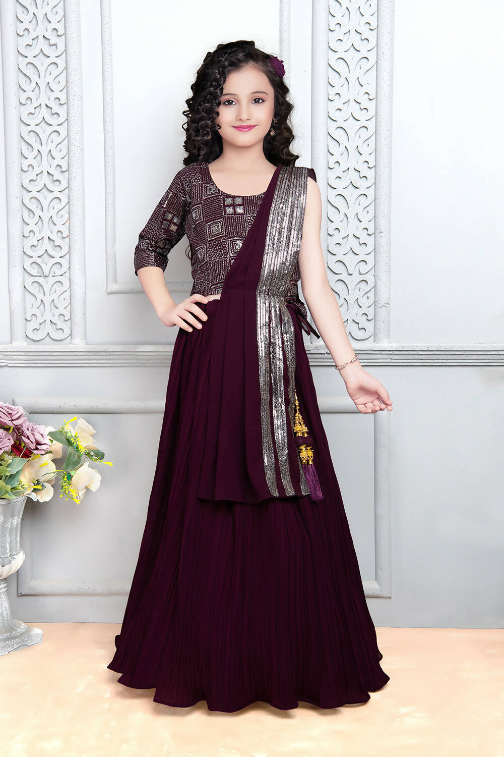 Kids Wedding Designer Wine Heavy Georgette Lehenga Choli - Aaradhna