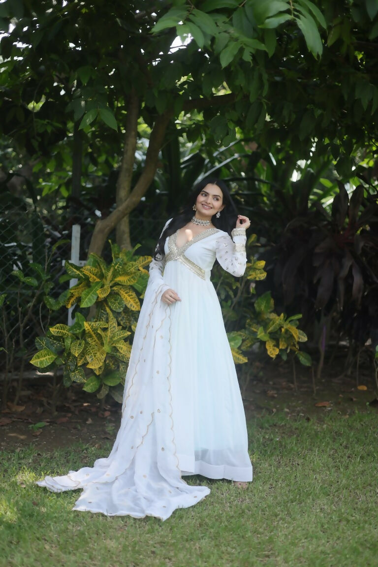 Jyoti Fashion Women's White Faux Blooming Sequins Zari Embroidered Anarkali Dress with Dupatta
