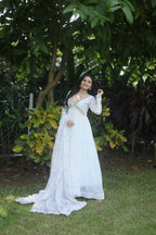 Jyoti Fashion Women's White Faux Blooming Sequins Zari Embroidered Anarkali Dress with Dupatta