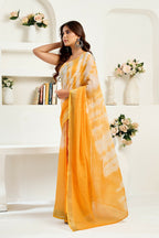 Vastranavya Yellow White Digital Printed Linen Ready To Wear Designer Saree with Unstitched Blouse - Distacart