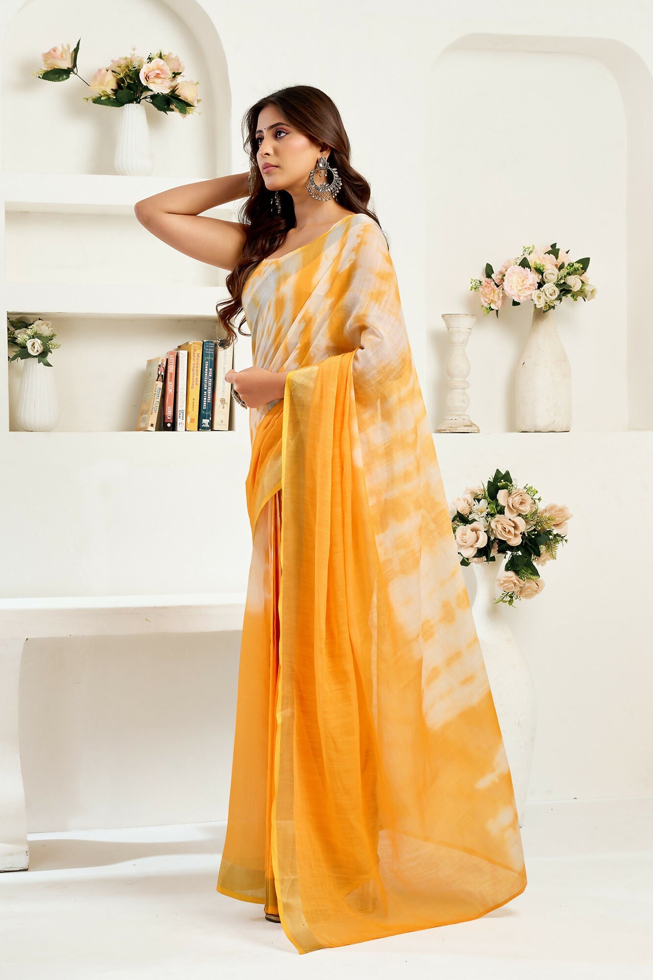 Vastranavya Yellow White Digital Printed Linen Ready To Wear Designer Saree with Unstitched Blouse - Distacart