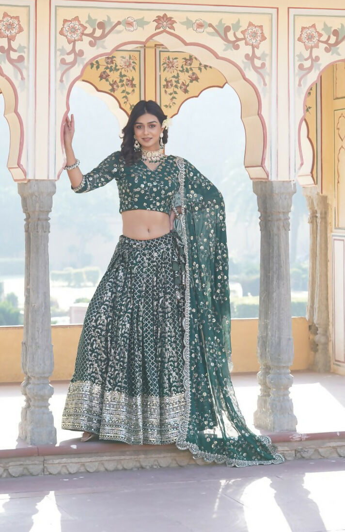 Lorenvalley Green Pure Viscose Jacquard With Embroidered Sequins work Lehenga Choli