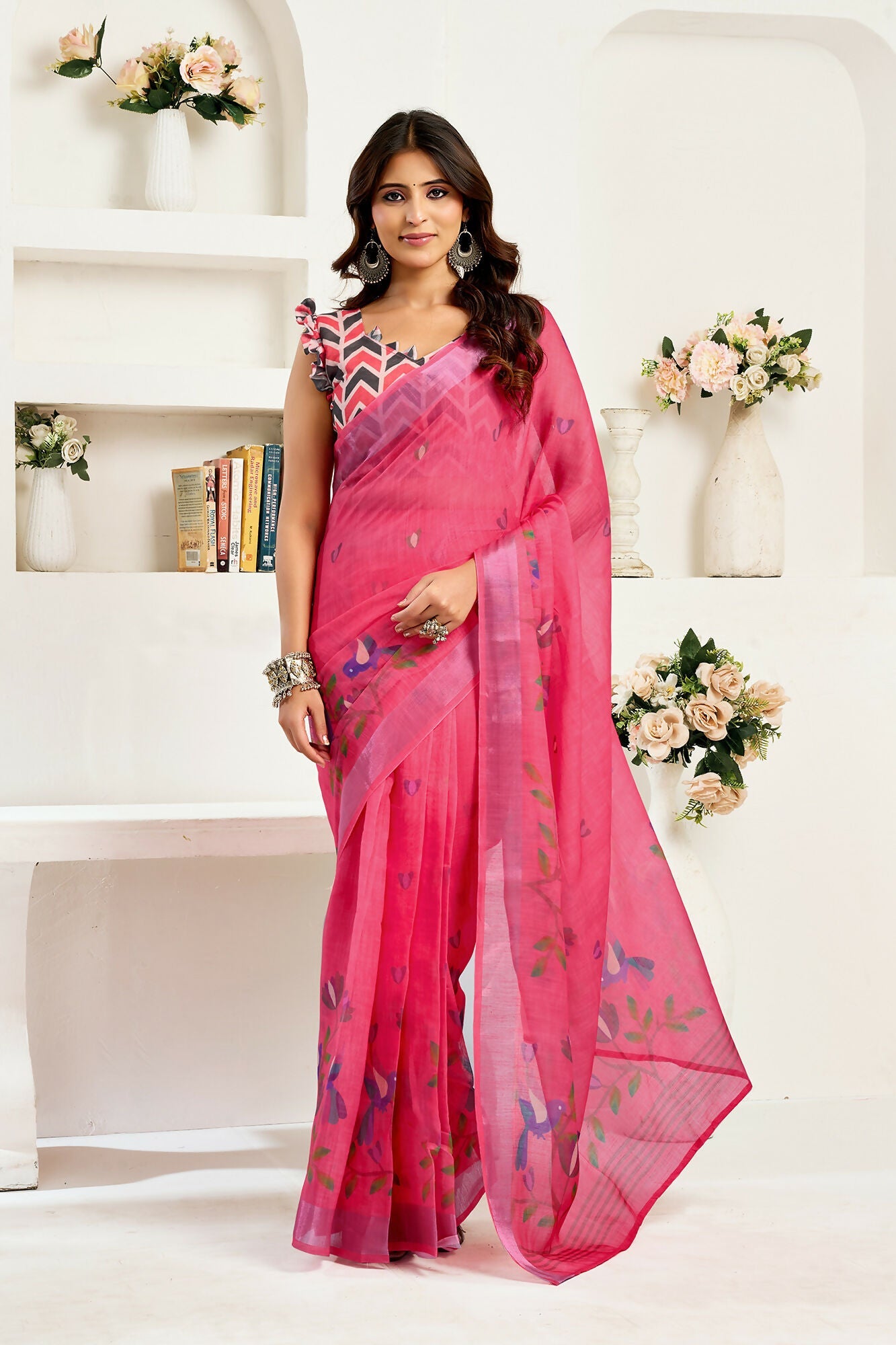 Vastranavya Pink Digital Printed Linen Ready To Wear Designer Saree with Unstitched Blouse - Distacart