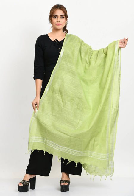 Mominos Fashion Moeza Women's Linen Cotton Silver Border Parrot Green Dupatta