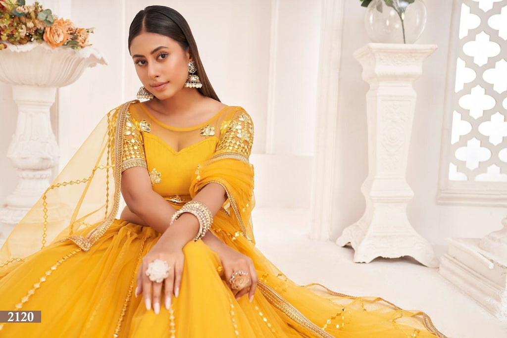 Eilara Women'S Mustard Yellow Butterfly Net Thread And Zari Sequence Embroidered Work Lehenga Choli For Party Wear