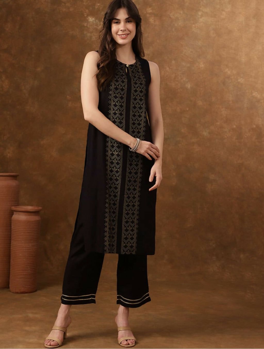 Cheera Women Stylish Hand Block Printed Cotton Blend Flared Kurta - Black
