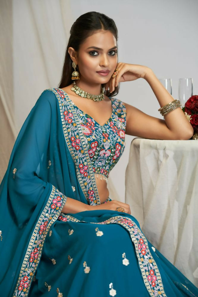 Teal Blue Georgette Thread Sequence Embroidery Work Lehnga Choli - Jihu Culture