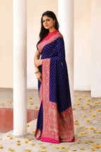 Joban Fashion Navy Blue Crepe Chiffon Pure Handloom Banarasi Silk Saree