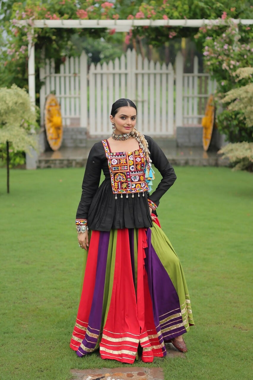 Teeya Creation Multi Colour Reyon Silk Gamathi Work Navratri lehenga Choli