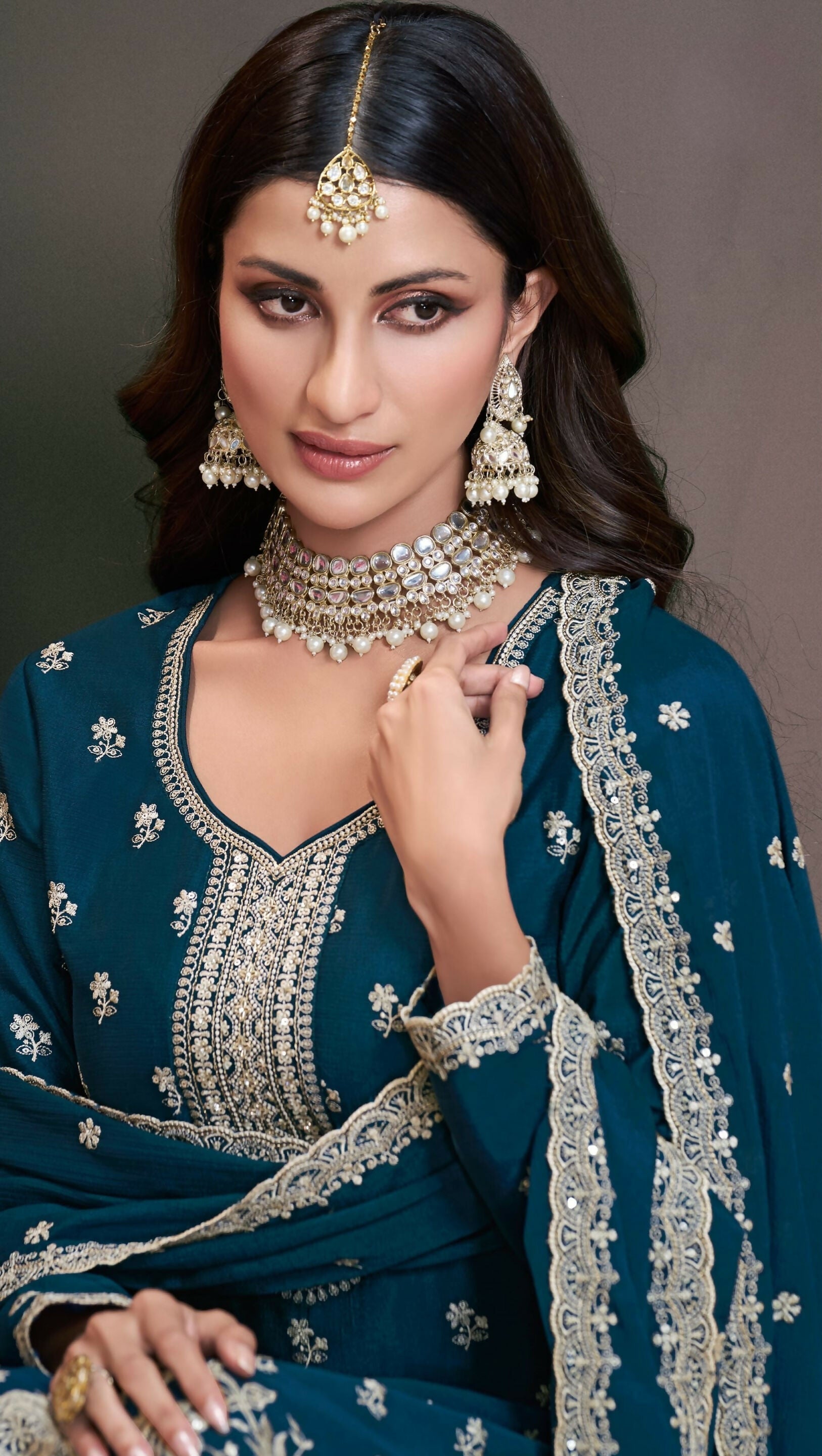 Anaita Teal Green Chinon Embroidered Thread Work Stitched Salwar Suit