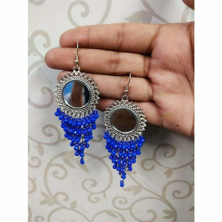 MS Fashion India Round Mirror Silver Color Design Hanging Blue Pearls Earrings