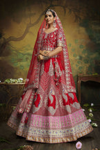 House of Panchhi Red Pure Silk Moti & Zarkan heavy embroidery Lehenga choli & Dupatta