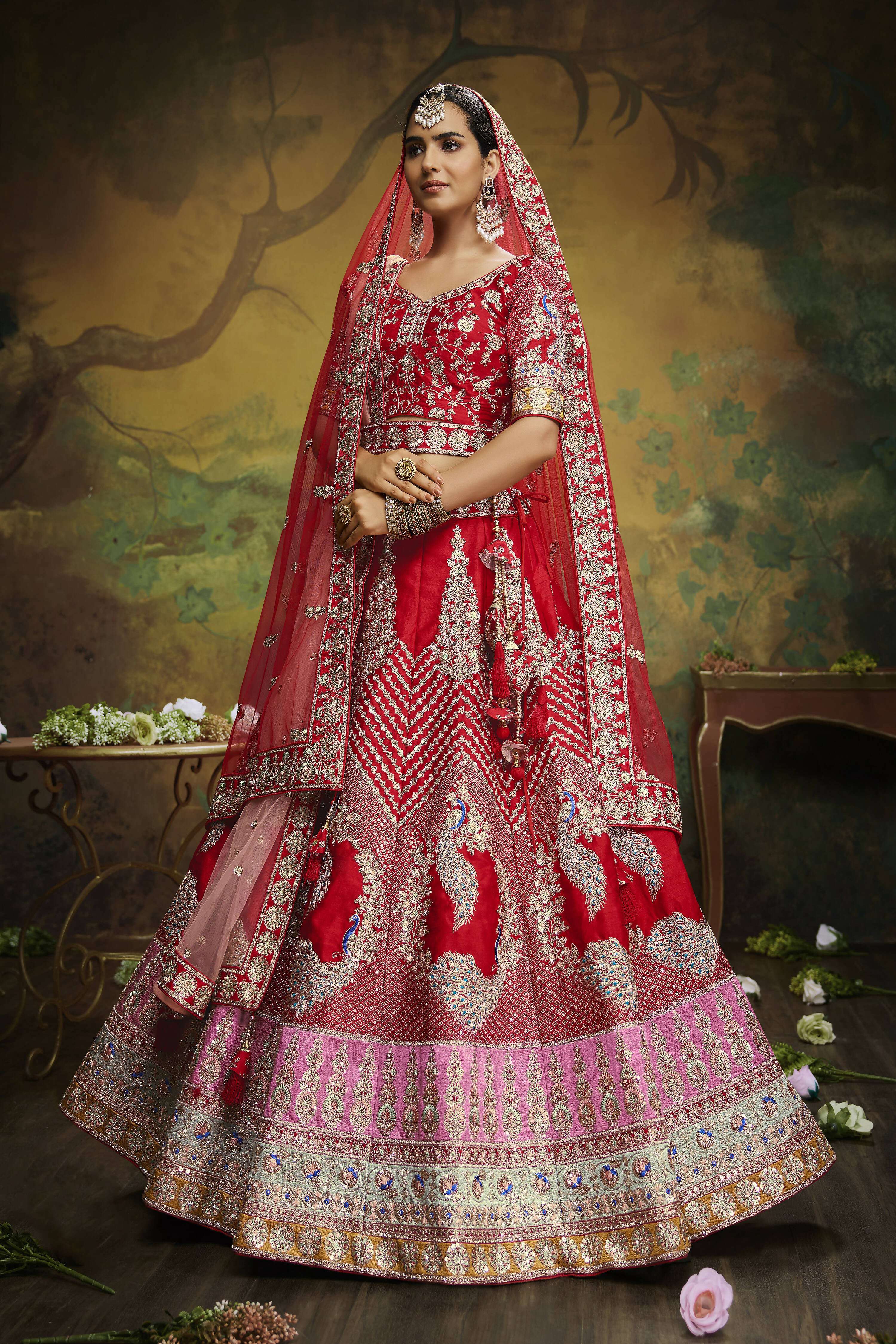 House of Panchhi Red Pure Silk Moti & Zarkan heavy embroidery Lehenga choli & Dupatta