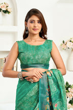 Joban Fashion Rama Green Floral Linen Ready To Wear Saree With Unstitched Blouse - Distacart