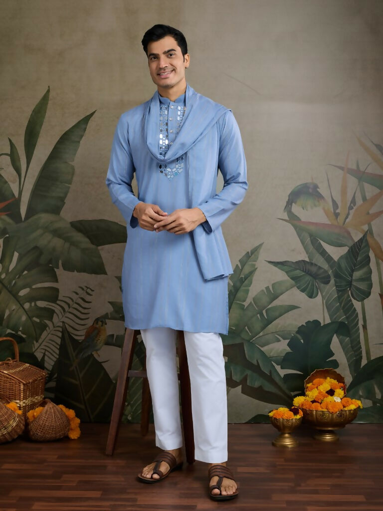 Vastranavya Light Blue Exclusive Viscose Silk Festival Wear Real Mirror Work Kurta with Dupatta
