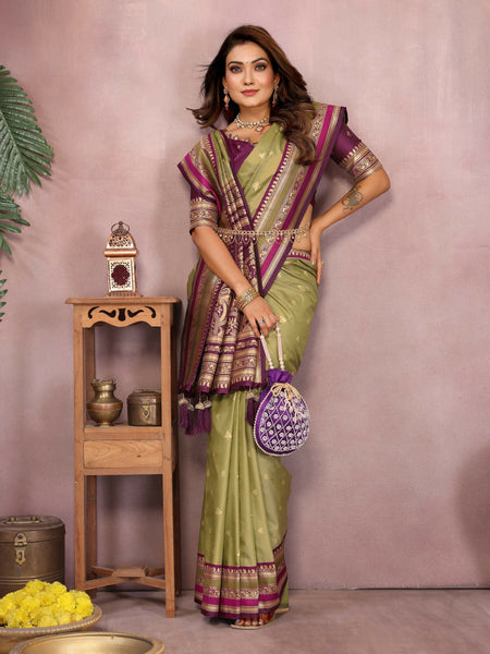 Anaita Green Handloom Kalamkari Silk Saree With Zari Woven Work