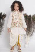 Little Bansi Banarsi Red Tulip Embroidery Jacket With Cotton Kantha kurta And Kantha Dhoti - Cream