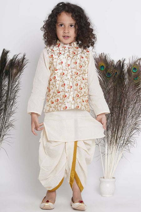 Little Bansi Banarsi Red Tulip Embroidery Jacket With Cotton Kantha kurta And Kantha Dhoti - Cream