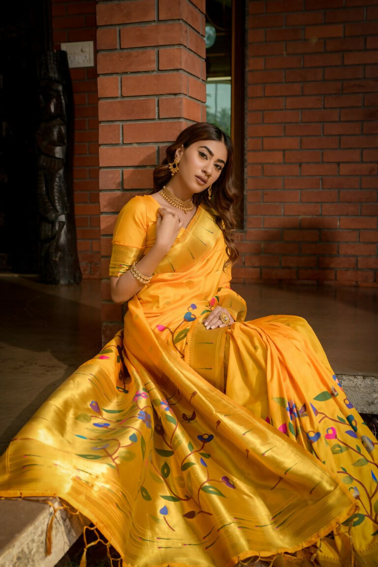 Jyoti Fashion Women's Yellow Paithani Silk Zari Woven Saree with Blouse