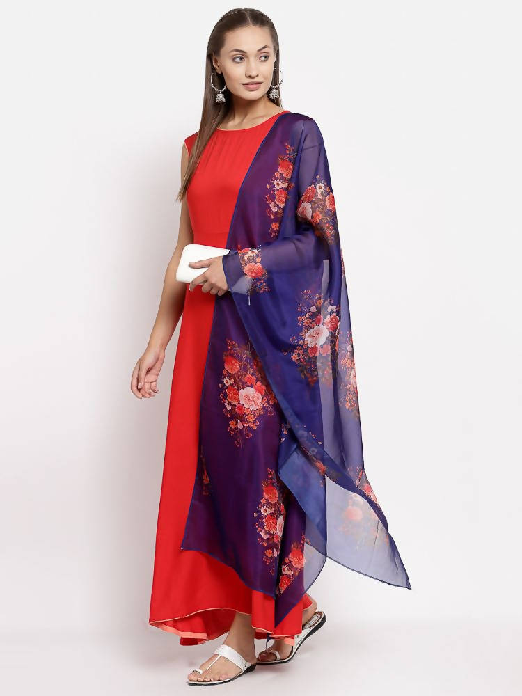 Myshka Women's Red Cotton Solid Sleeveless Round Neck Casual Kurta Dupatta Set