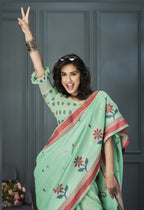 Anaita Light Green Designer Weaving Handloom Linen Saree With Blouse - Distacart