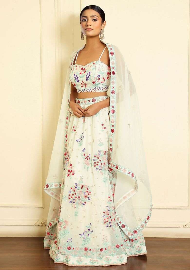 Eilara Glamorous Off White Thread Embroidered Georgette Lehenga Set