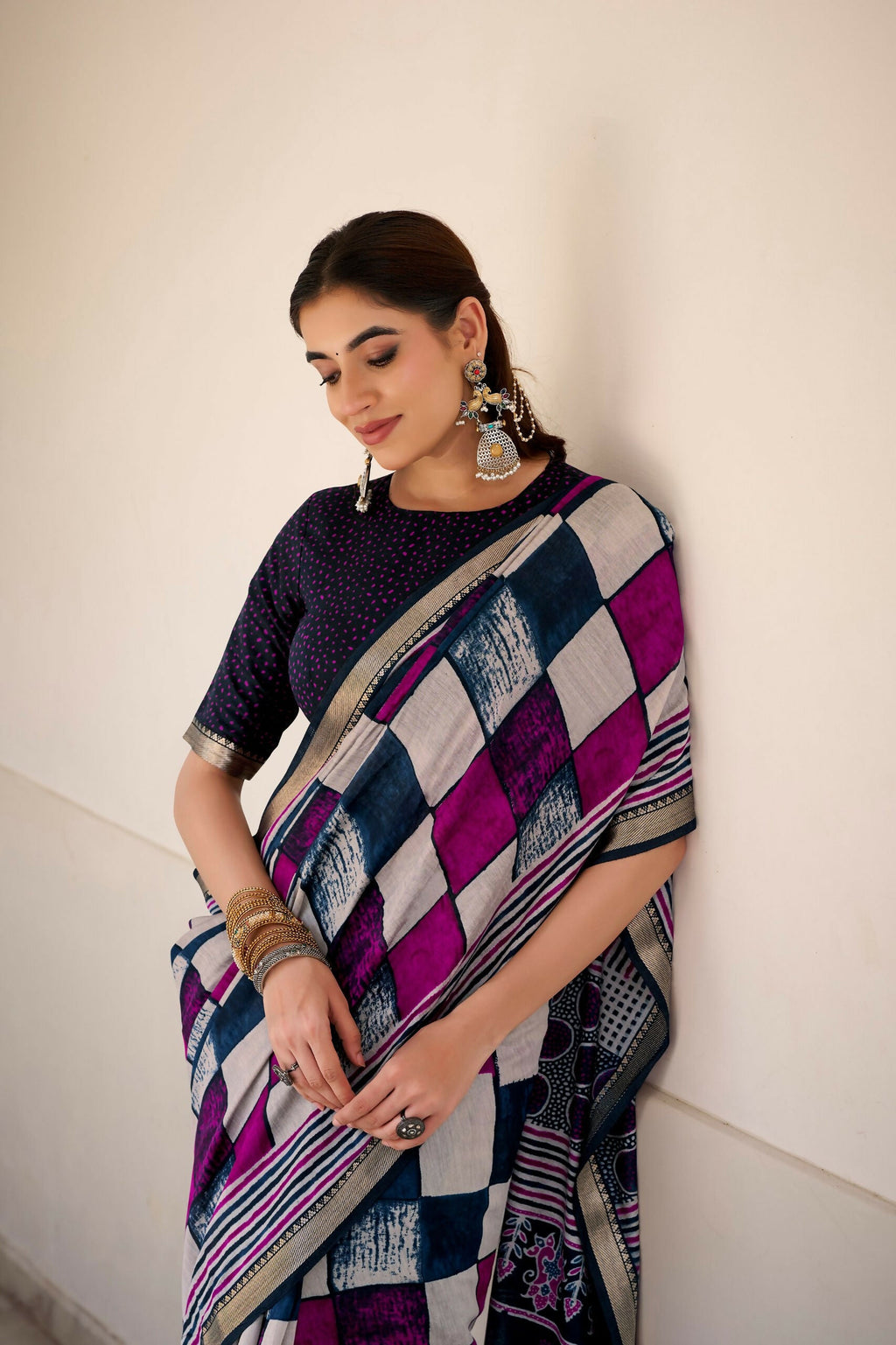 Vastranavya Navy Blue Viscose Chanderi Printed with Temple Border Saree & Unstitched Blouse - Distacart
