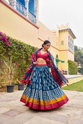 Vastranavya Printed and Foil Work Tussar Silk Lehenga with Unstitched Blouse - Blue