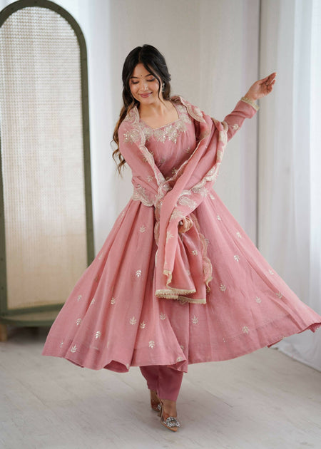 Teeya Creation Peach Color Crunchy Silk Embroidery Work Wedding Wear Gown
