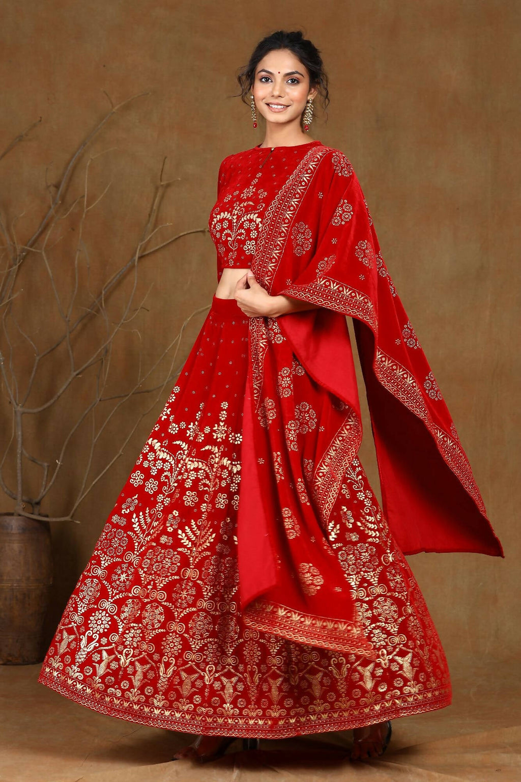 Juniper Women Maroon Velvet Printed Flared Lehenga Choli Sets - Distacart