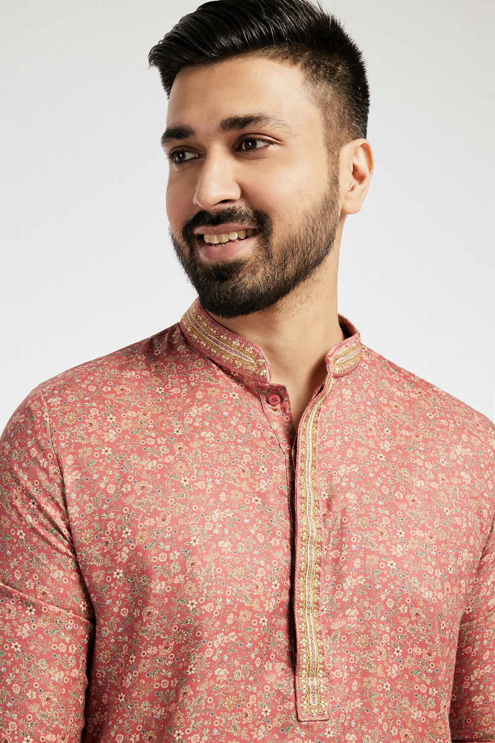 Ethnic India Pink Men's Kurta Floral Polyester