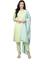 Ahalyaa Women's Sea Green Cotton Blend Solid Kurta Trouser Set With Dupatta