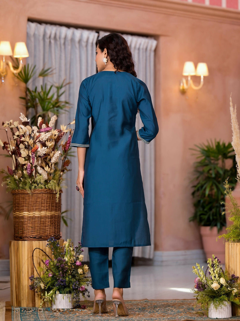 Juniper Women's Teal Thread Work Embroidered Viscose Kurta Pant And Dupatta Set With Buttons Work