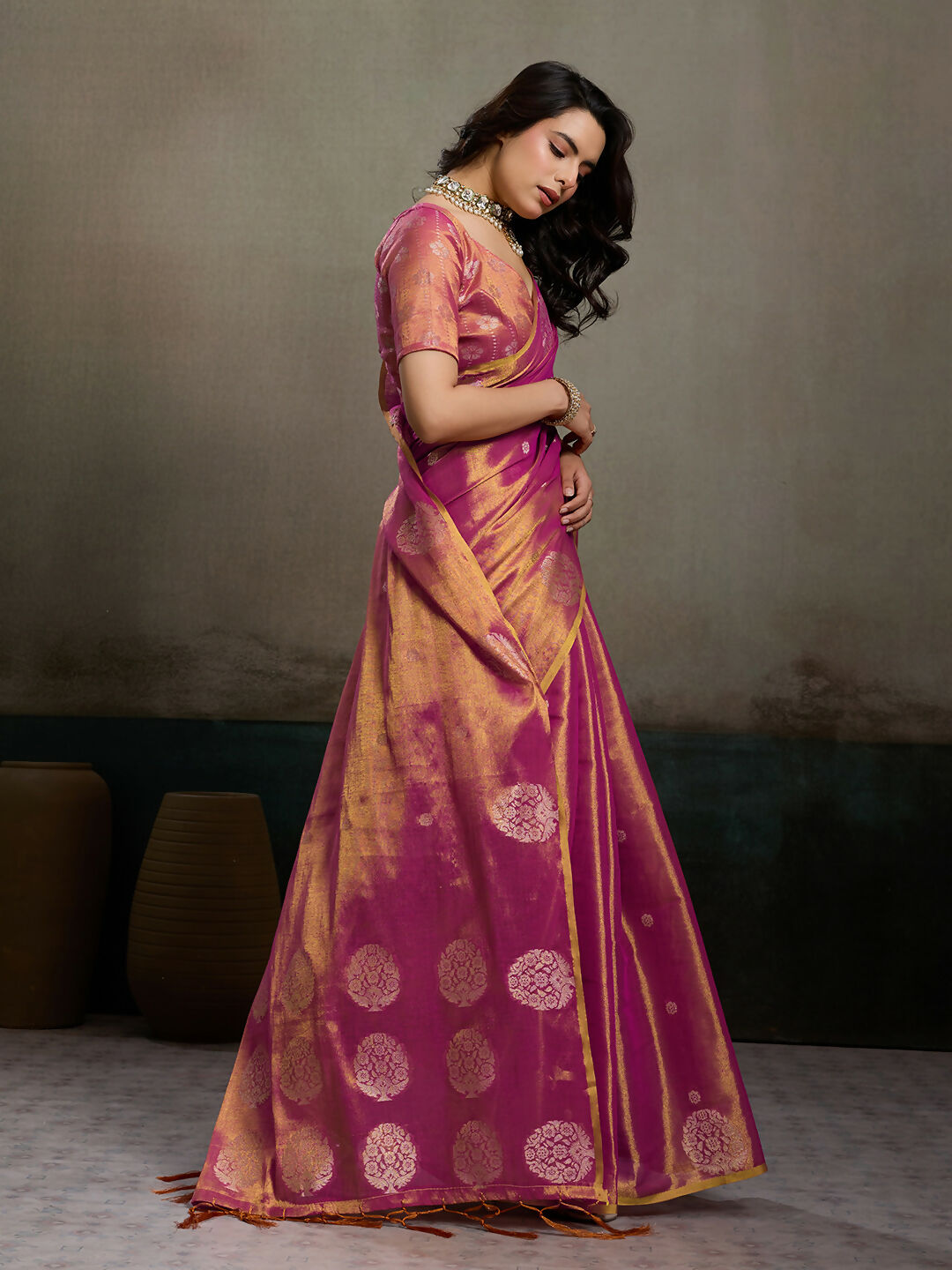 Shree Shyam Fashion Magenta Tissue Silk Saree - Distacart