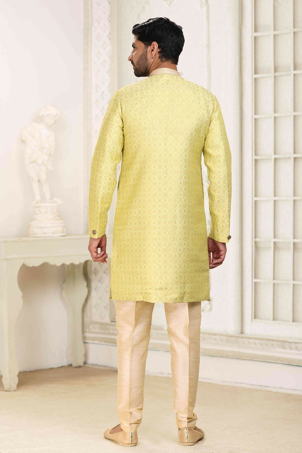 Raivat Ethnic Banarasi Jacquard Embroidery Semi Indo Western Sherwani In Lemon Yellow Colour