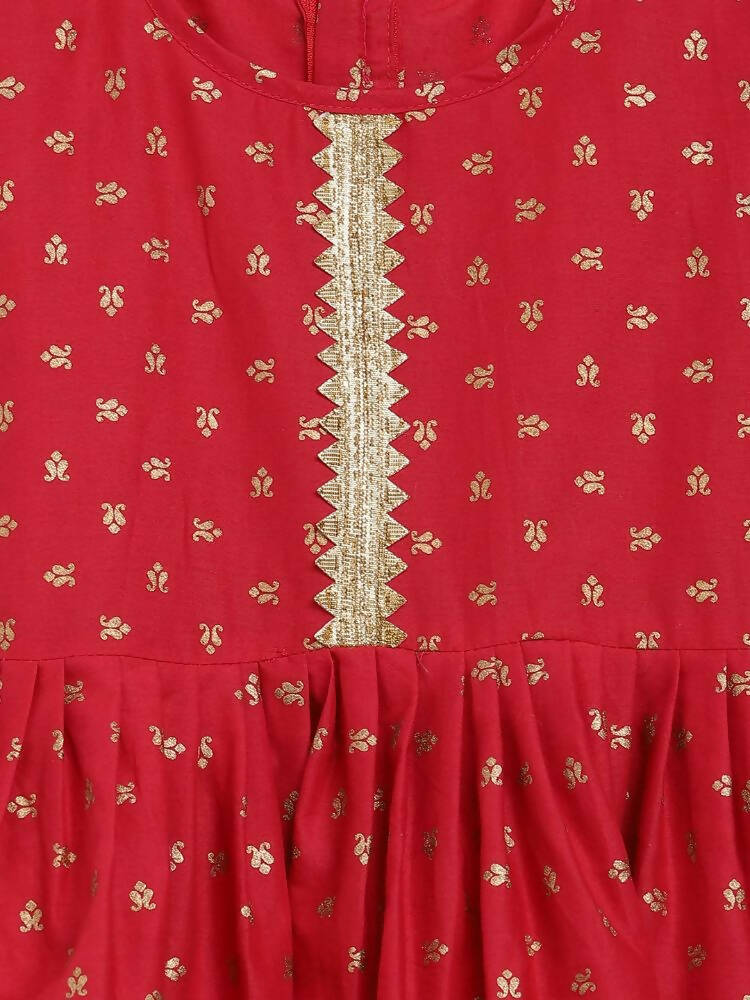 Ahalyaa Red Crepe Gold Printed Kids Kurta Sharara Set For Girls