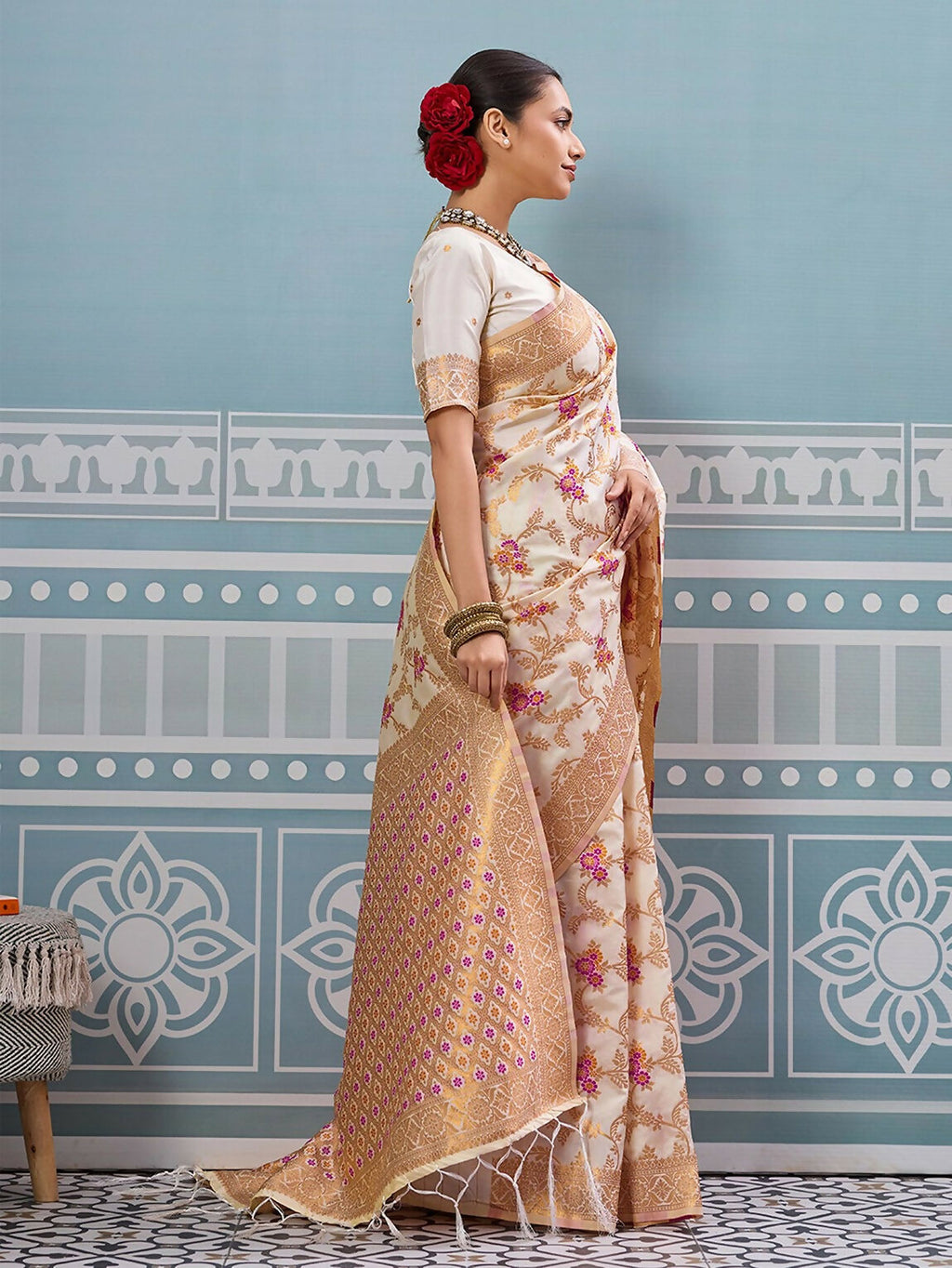 Shree Shyam Fashion Cream Silk Saree - Distacart