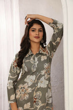 Jyoti Fashion Women's Grey Chanderi Silk Floral Print with Side Pocket Kurtis & Sets