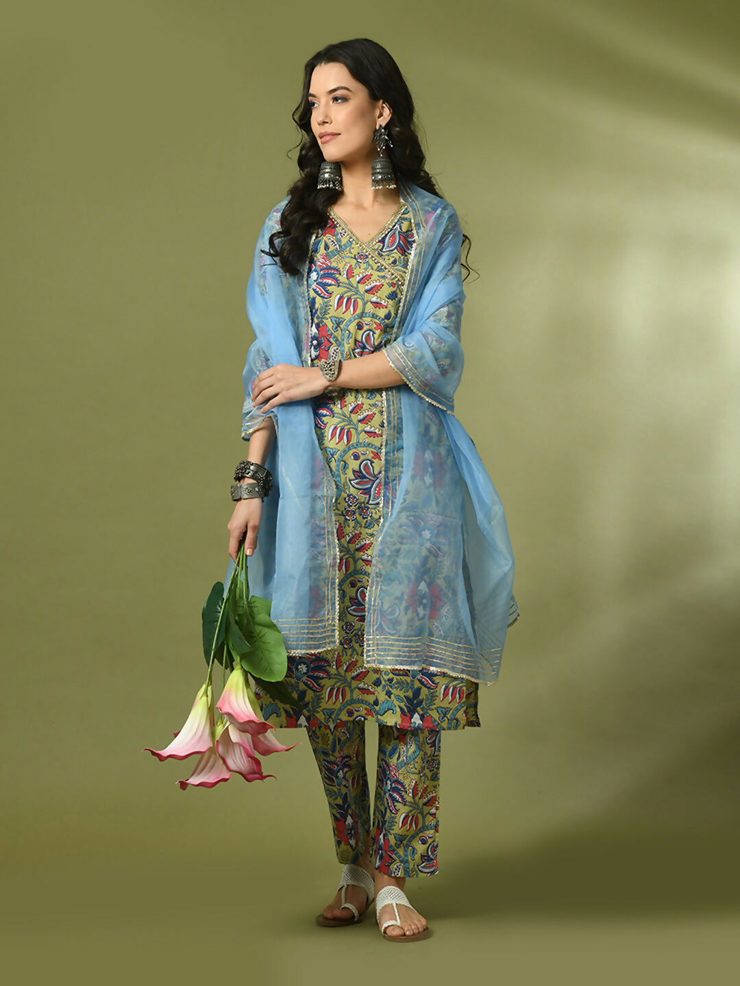 Myshka Women's Multi Printed Cotton Straight Party Kurta Set With Dupatta