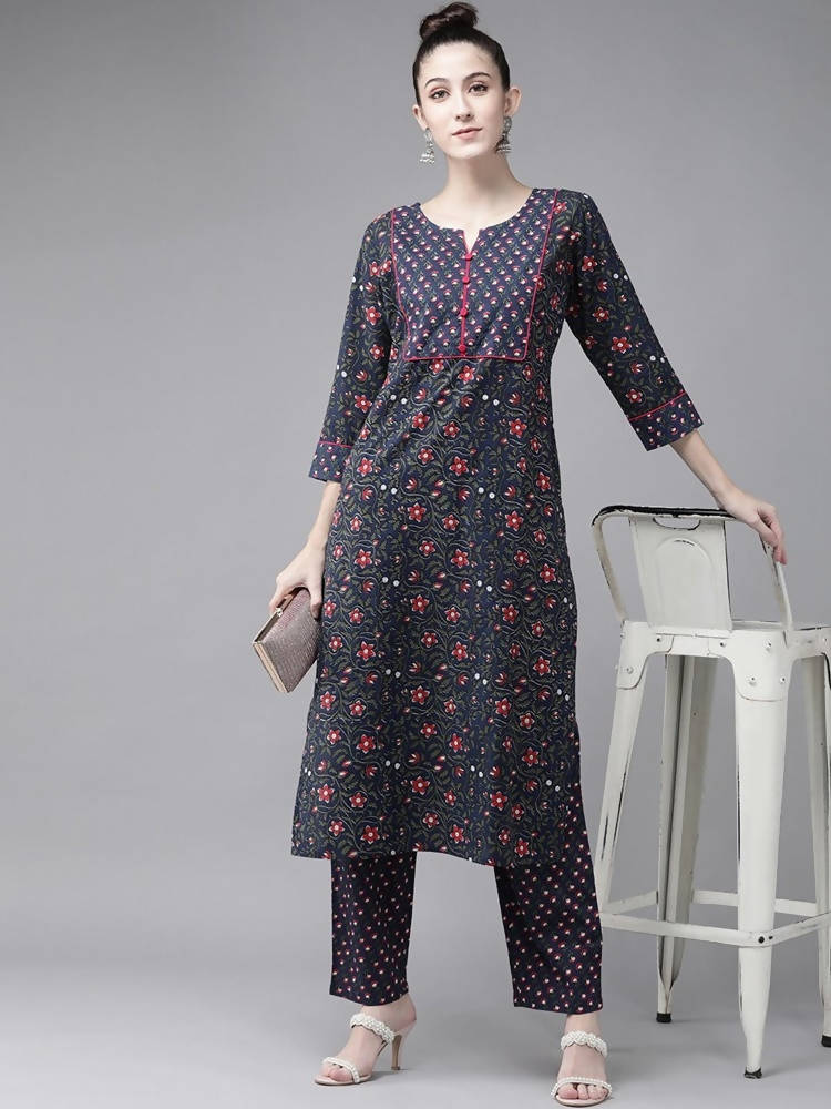 Yufta Women Navy Blue & Pink Ethnic Motifs Printed Pure Cotton Kurta with Trouser
