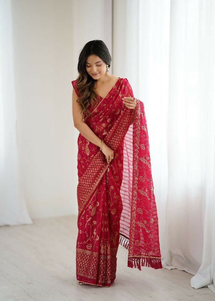 PR Fashion Pink Georgette Patta Plain With Foil Work And Small Lace And Zalar Lace Saree