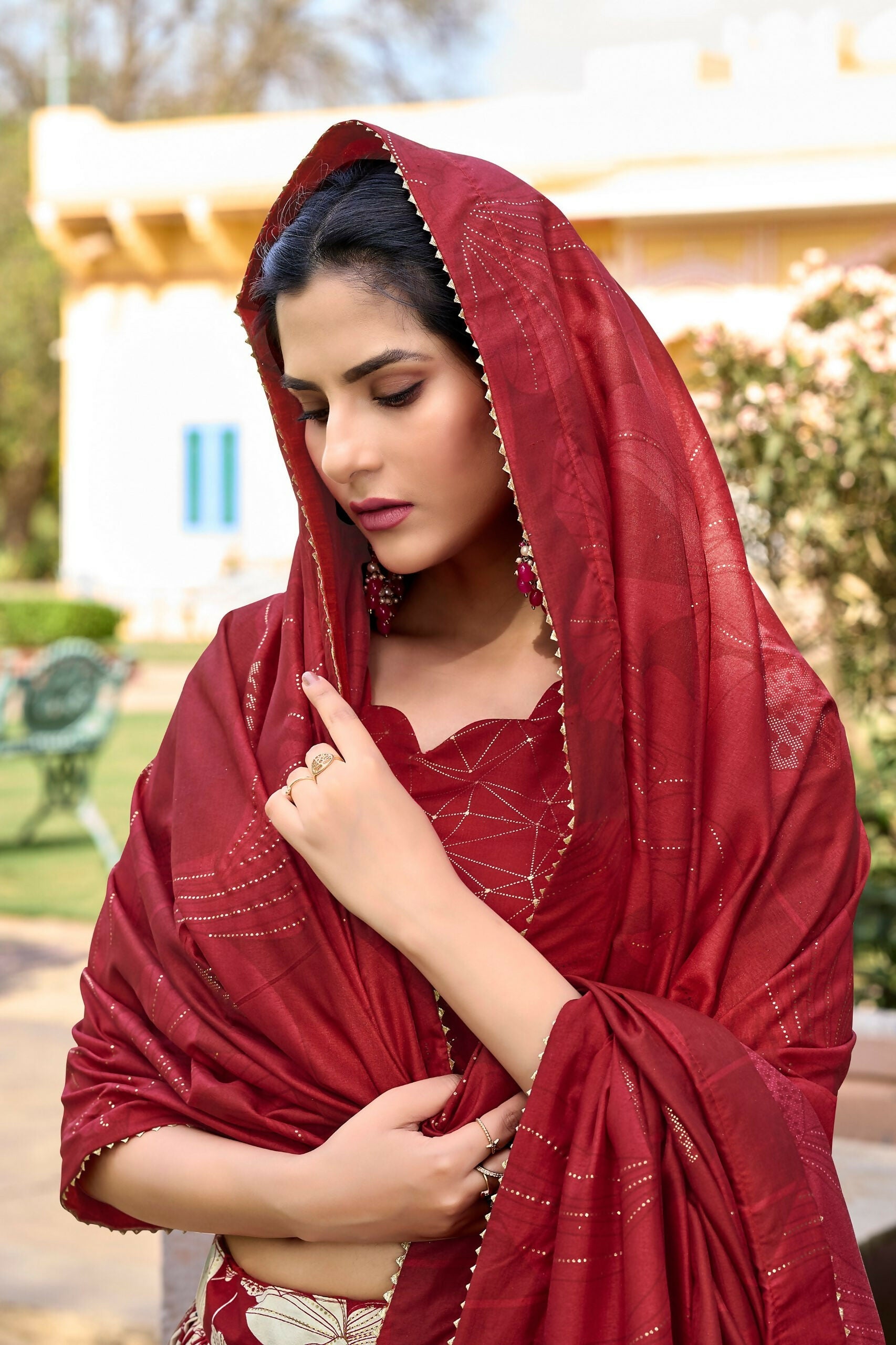 Vastranavya Ethnic Look Tussar Silk Floral Printed With Foil Work Indian Lehenga Choli - Red