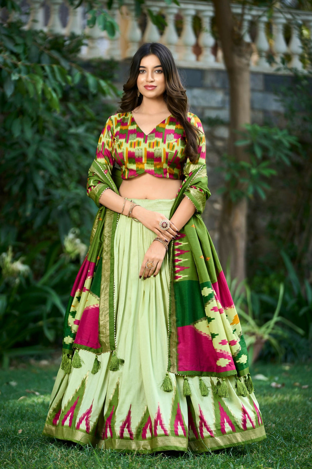 Vastranavya Luxurious Tussar Silk Print With Foil Work Lehenga Choli - Pista