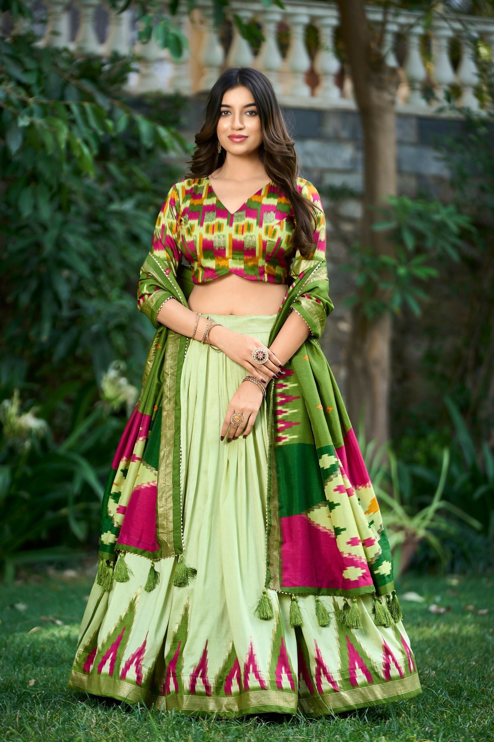 Vastranavya Luxurious Tussar Silk Print With Foil Work Lehenga Choli - Pista